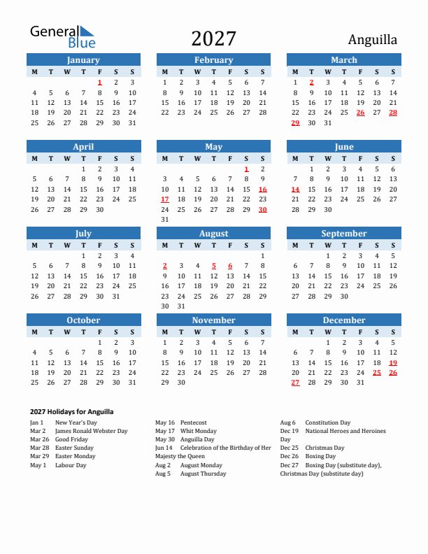 Printable Calendar 2027 with Anguilla Holidays (Monday Start)