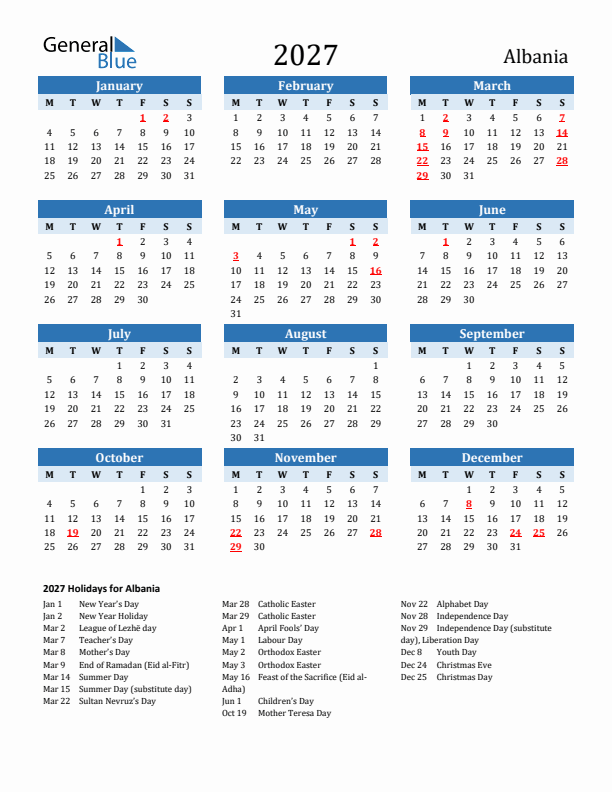 Printable Calendar 2027 with Albania Holidays (Monday Start)