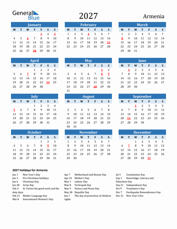 Printable Calendar 2027 with Armenia Holidays (Monday Start)