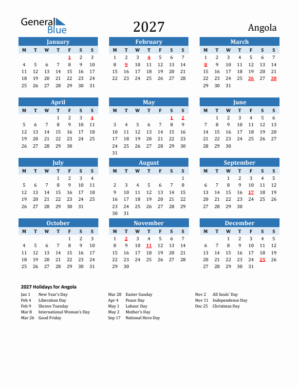 Printable Calendar 2027 with Angola Holidays (Monday Start)