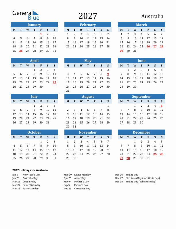 Printable Calendar 2027 with Australia Holidays (Monday Start)