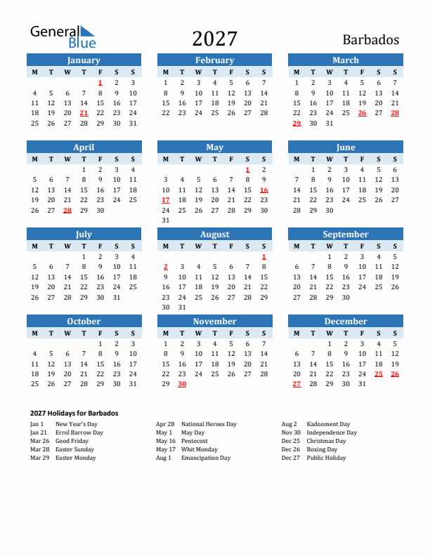 Printable Calendar 2027 with Barbados Holidays (Monday Start)