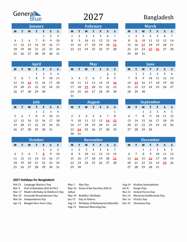 Printable Calendar 2027 with Bangladesh Holidays (Monday Start)