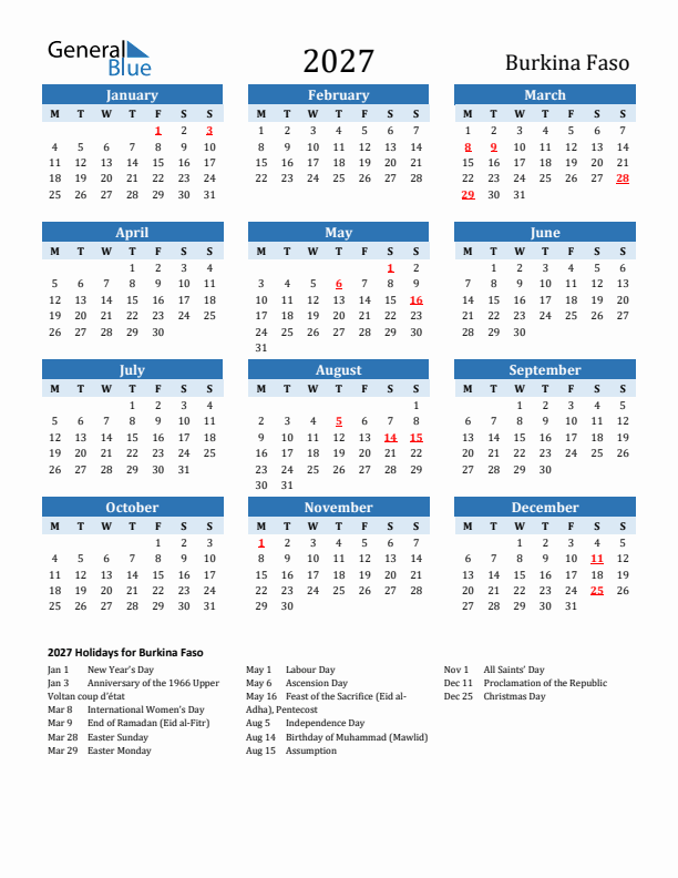 Printable Calendar 2027 with Burkina Faso Holidays (Monday Start)