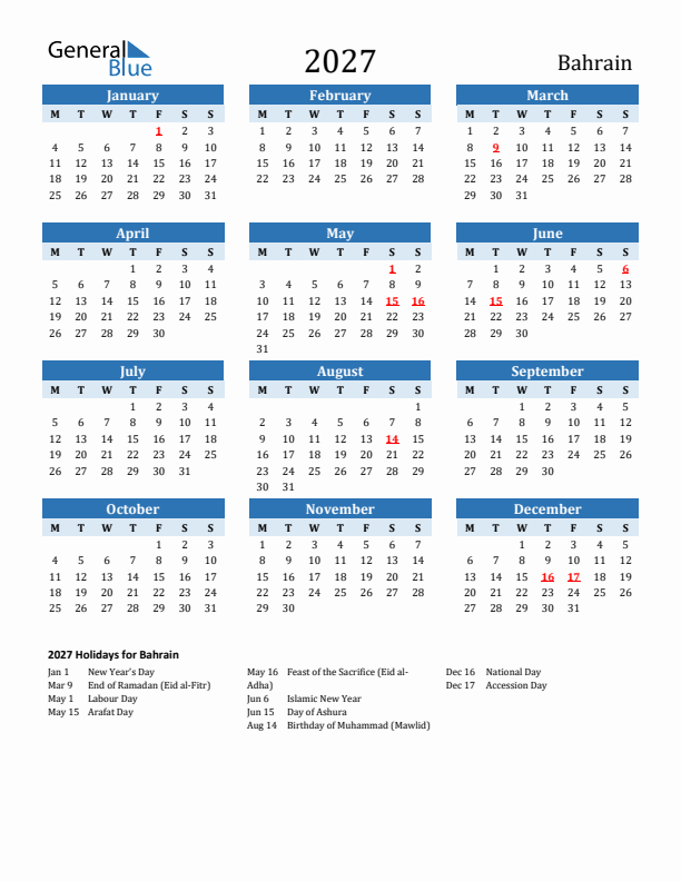 Printable Calendar 2027 with Bahrain Holidays (Monday Start)