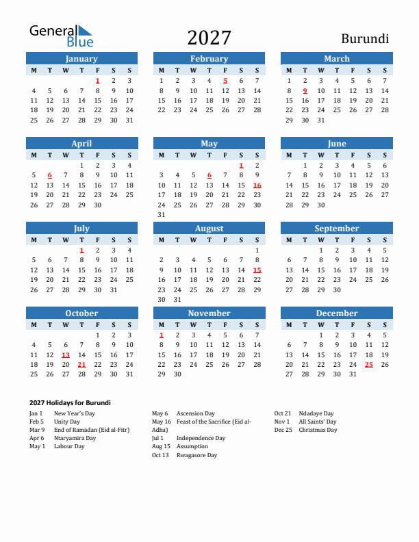 Printable Calendar 2027 with Burundi Holidays (Monday Start)