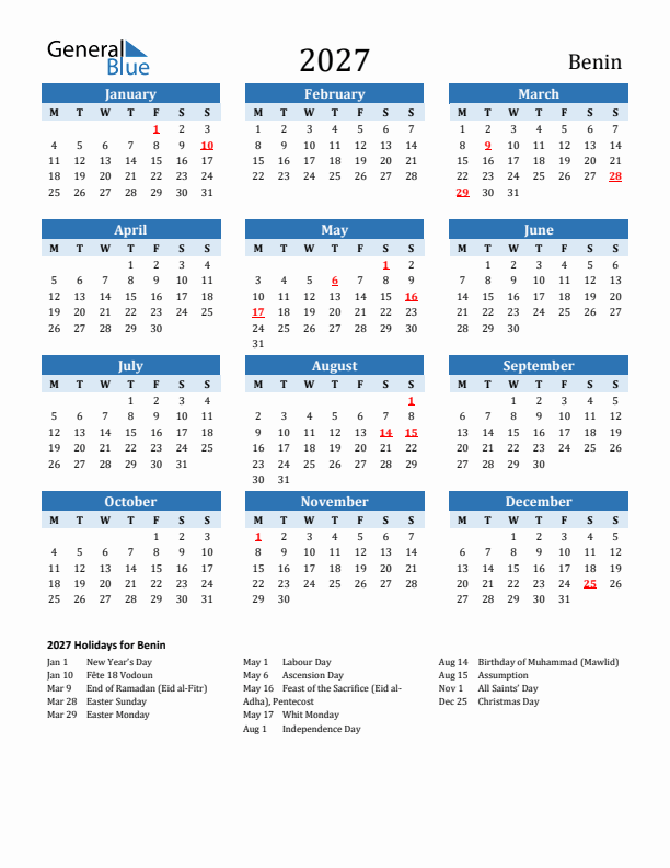 Printable Calendar 2027 with Benin Holidays (Monday Start)