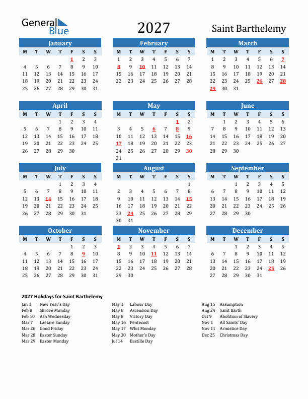 Printable Calendar 2027 with Saint Barthelemy Holidays (Monday Start)