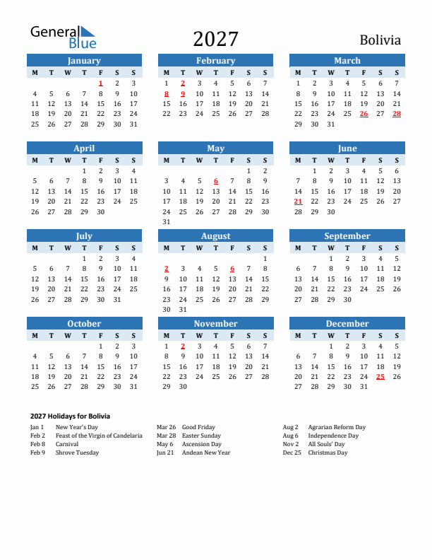 Printable Calendar 2027 with Bolivia Holidays (Monday Start)