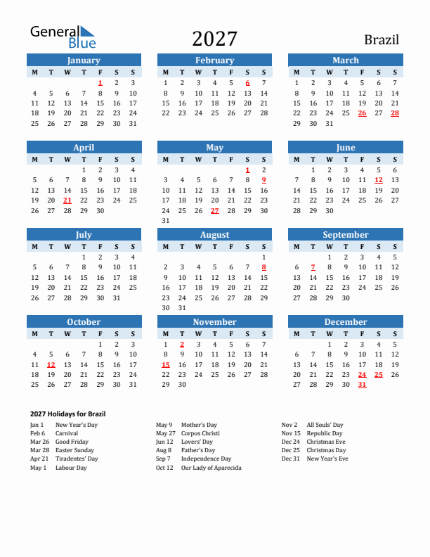 Printable Calendar 2027 with Brazil Holidays (Monday Start)