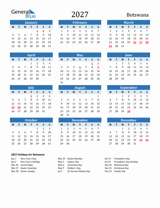 Printable Calendar 2027 with Botswana Holidays (Monday Start)