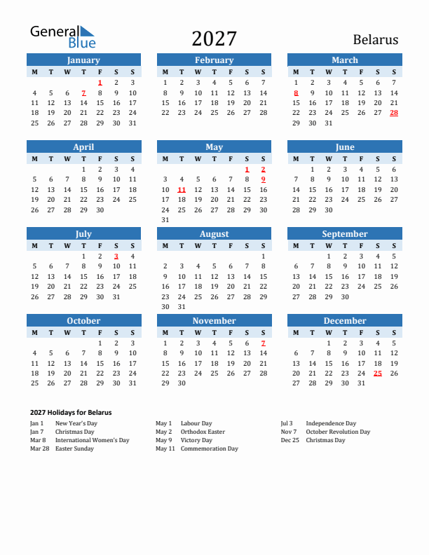 Printable Calendar 2027 with Belarus Holidays (Monday Start)