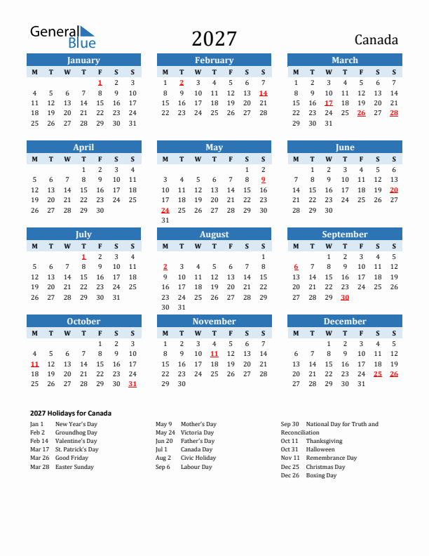 Printable Calendar 2027 with Canada Holidays (Monday Start)