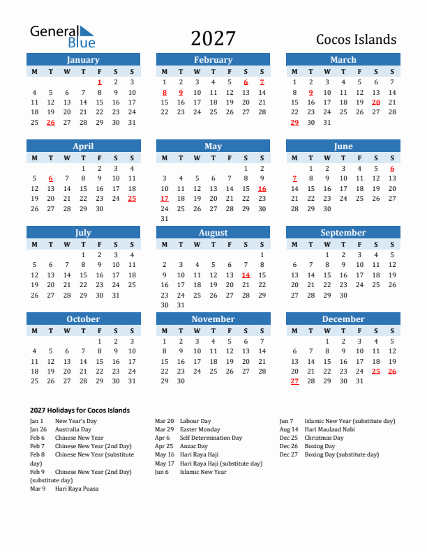 Printable Calendar 2027 with Cocos Islands Holidays (Monday Start)