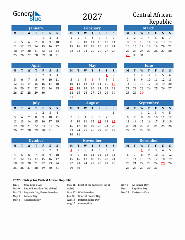 Printable Calendar 2027 with Central African Republic Holidays (Monday Start)