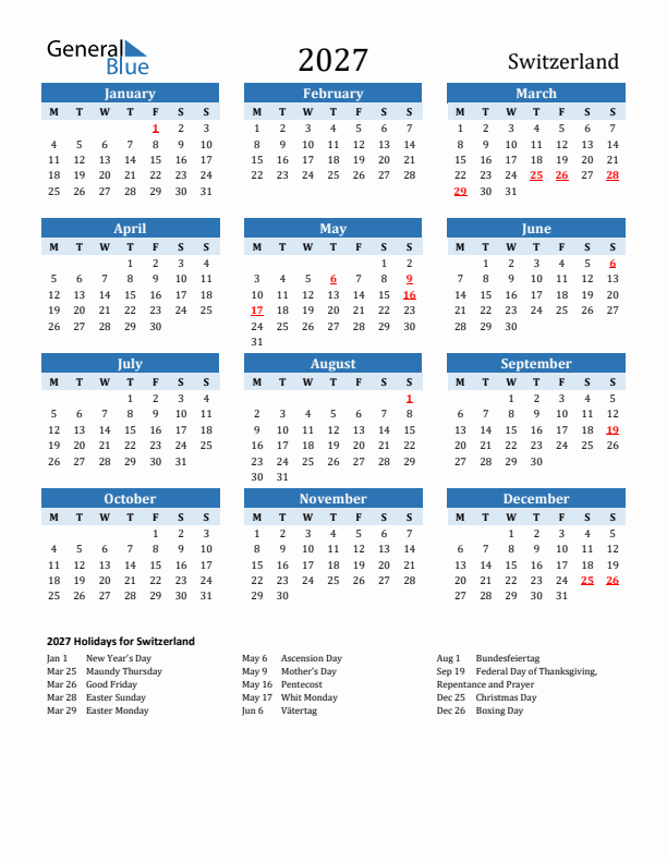 Printable Calendar 2027 with Switzerland Holidays (Monday Start)