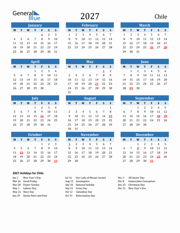 Printable Calendar 2027 with Chile Holidays (Monday Start)