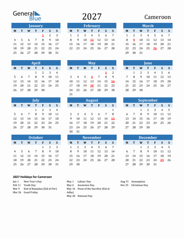 Printable Calendar 2027 with Cameroon Holidays (Monday Start)