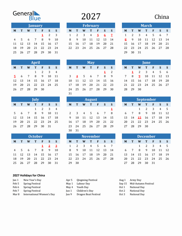 Printable Calendar 2027 with China Holidays (Monday Start)