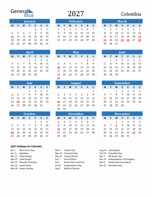 Printable Calendar 2027 with Colombia Holidays (Monday Start)