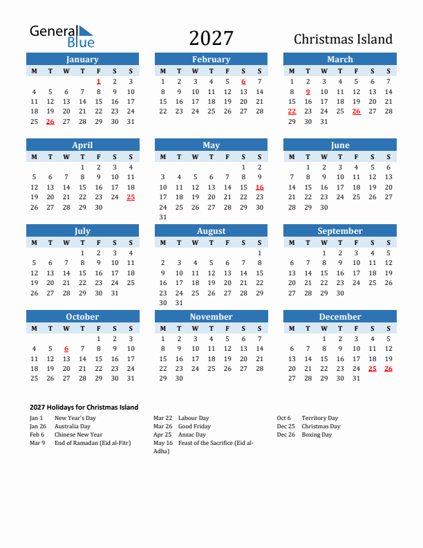 Printable Calendar 2027 with Christmas Island Holidays (Monday Start)