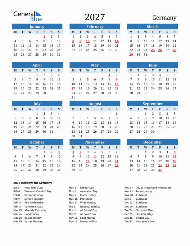 Printable Calendar 2027 with Germany Holidays (Monday Start)