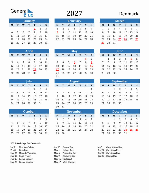 Printable Calendar 2027 with Denmark Holidays (Monday Start)