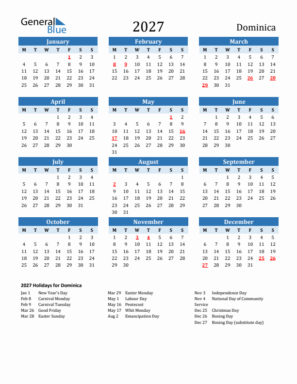 Printable Calendar 2027 with Dominica Holidays (Monday Start)