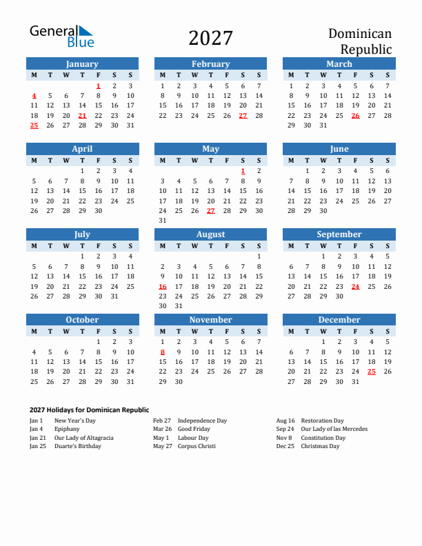 Printable Calendar 2027 with Dominican Republic Holidays (Monday Start)