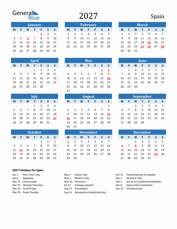 Printable Calendar 2027 with Spain Holidays (Monday Start)