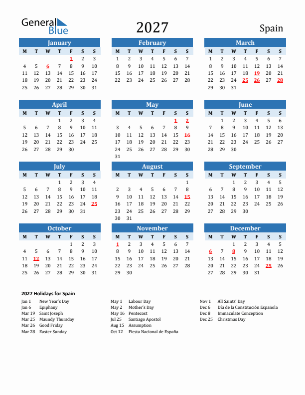 Printable Calendar 2027 with Spain Holidays (Monday Start)