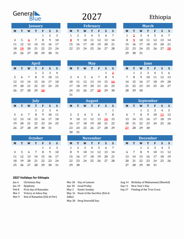 Printable Calendar 2027 with Ethiopia Holidays (Monday Start)