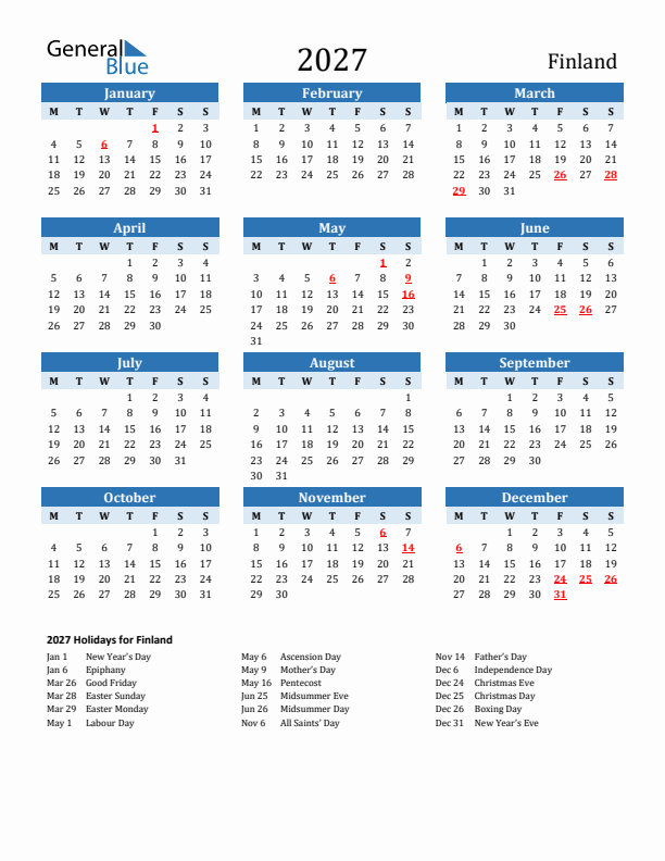 Printable Calendar 2027 with Finland Holidays (Monday Start)