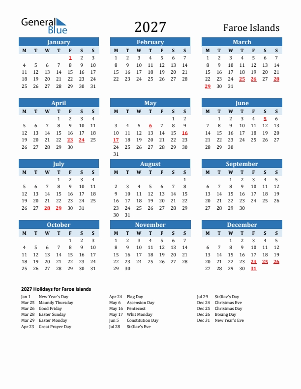 Printable Calendar 2027 with Faroe Islands Holidays (Monday Start)