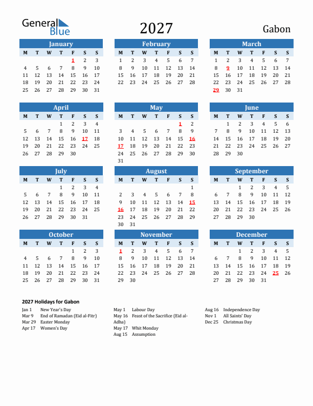 Printable Calendar 2027 with Gabon Holidays (Monday Start)