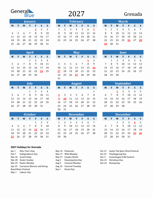 Printable Calendar 2027 with Grenada Holidays (Monday Start)