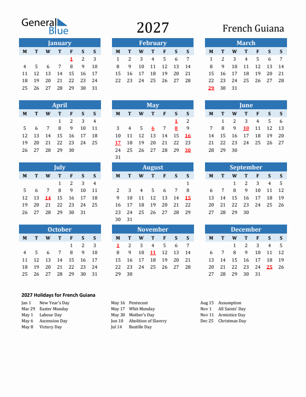 Printable Calendar 2027 with French Guiana Holidays (Monday Start)