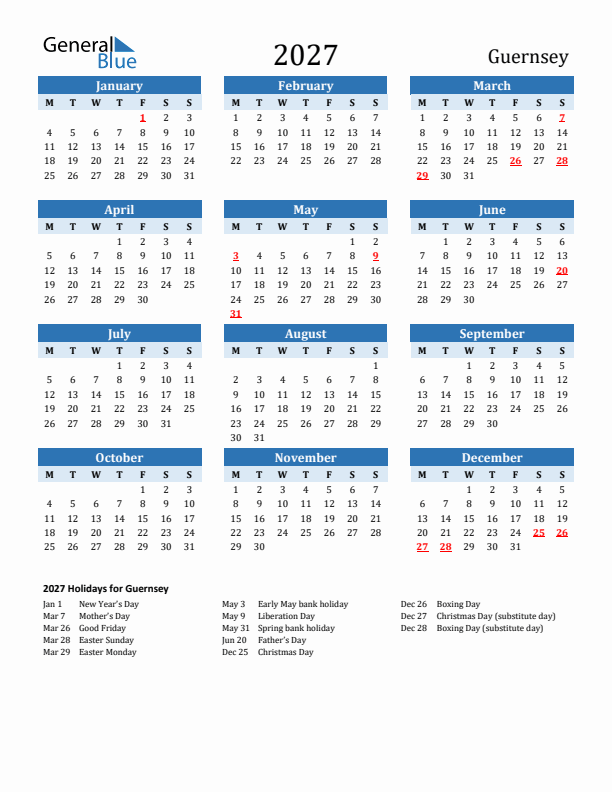 Printable Calendar 2027 with Guernsey Holidays (Monday Start)