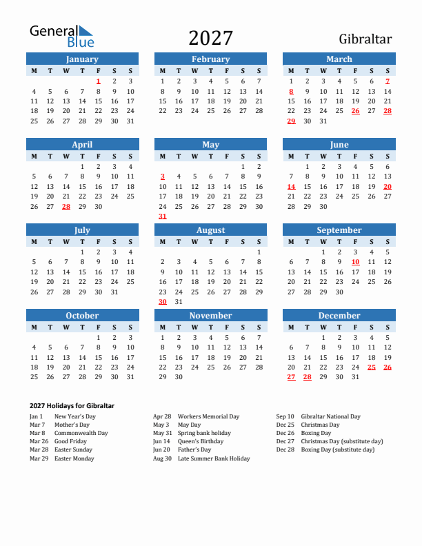 Printable Calendar 2027 with Gibraltar Holidays (Monday Start)