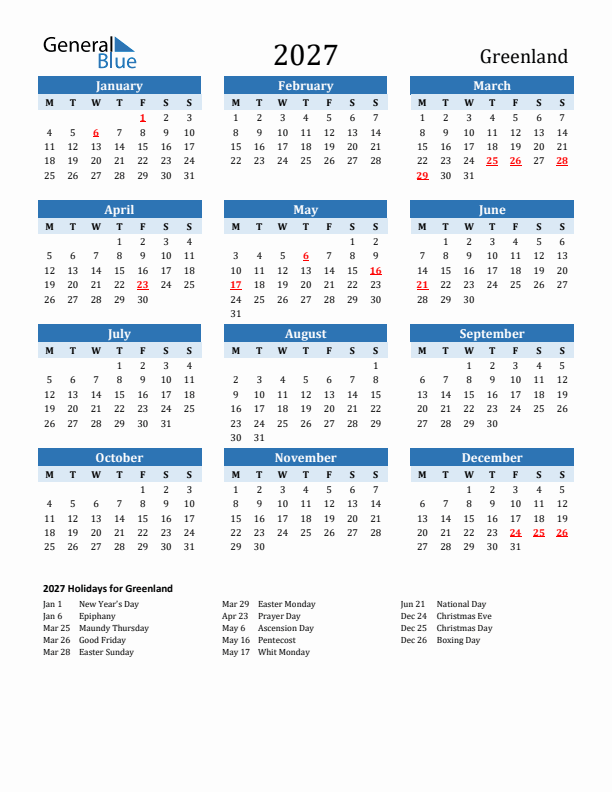 Printable Calendar 2027 with Greenland Holidays (Monday Start)