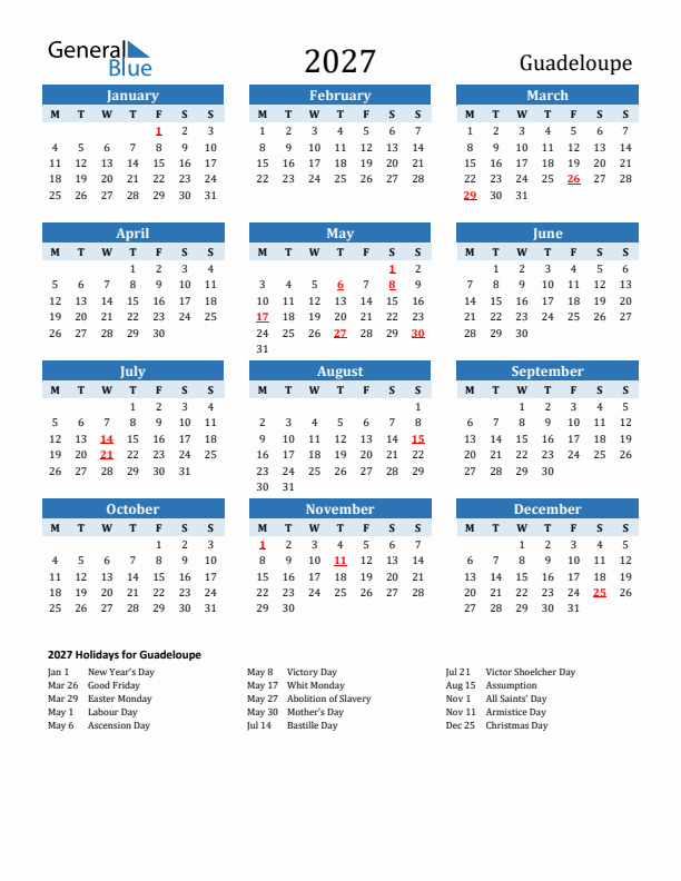 Printable Calendar 2027 with Guadeloupe Holidays (Monday Start)