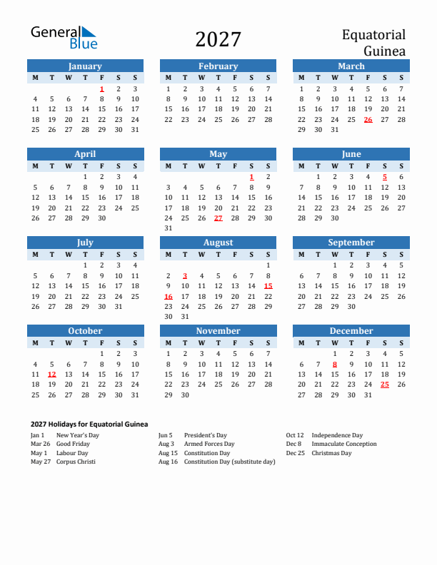 Printable Calendar 2027 with Equatorial Guinea Holidays (Monday Start)