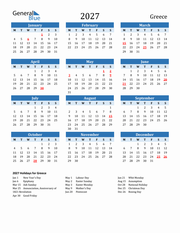 Printable Calendar 2027 with Greece Holidays (Monday Start)