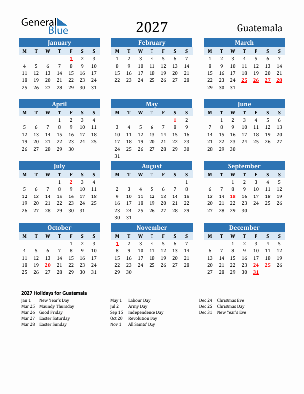 Printable Calendar 2027 with Guatemala Holidays (Monday Start)