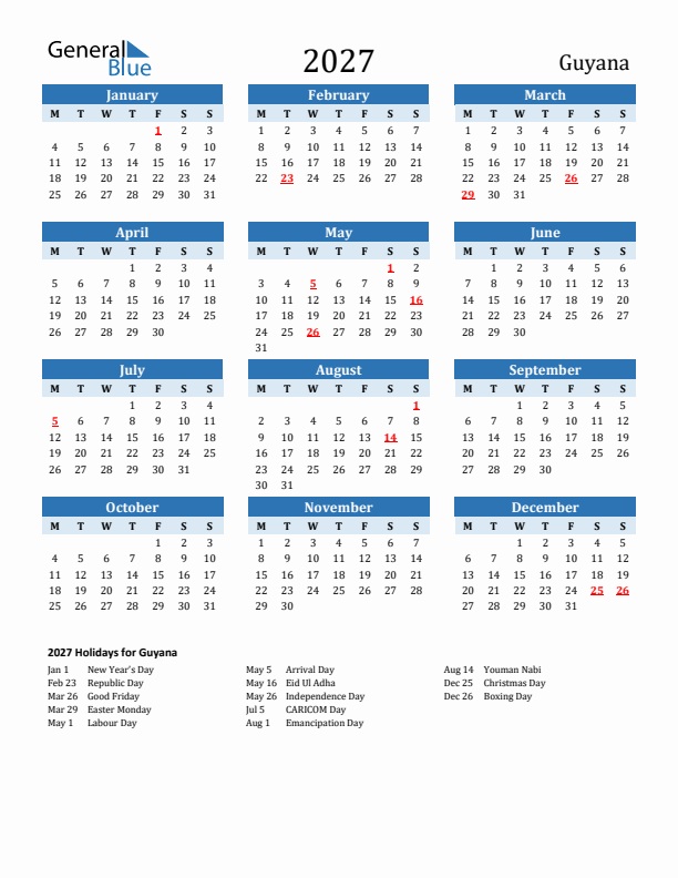 Printable Calendar 2027 with Guyana Holidays (Monday Start)