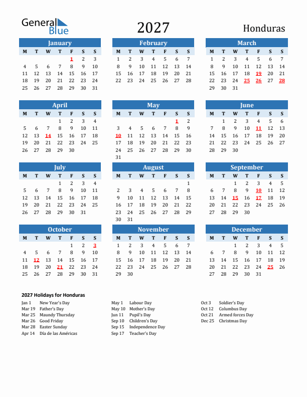 Printable Calendar 2027 with Honduras Holidays (Monday Start)