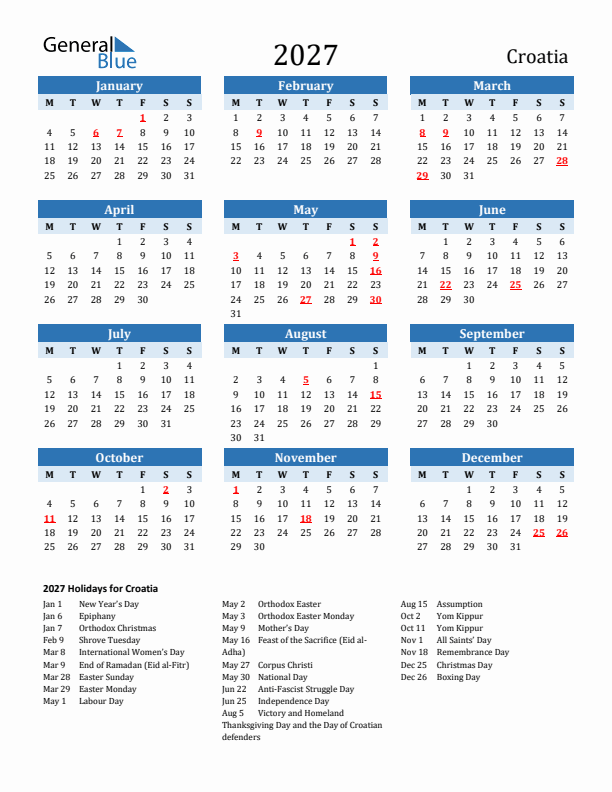 Printable Calendar 2027 with Croatia Holidays (Monday Start)