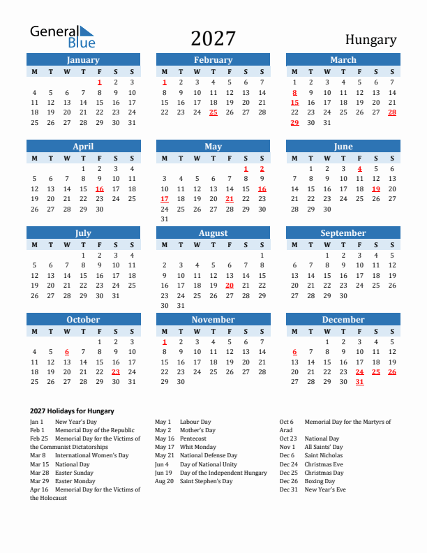 Printable Calendar 2027 with Hungary Holidays (Monday Start)