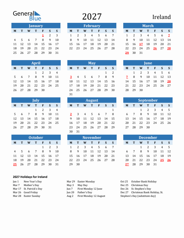 Printable Calendar 2027 with Ireland Holidays (Monday Start)