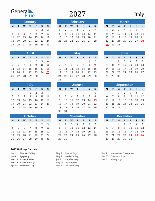 Printable Calendar 2027 with Italy Holidays (Monday Start)